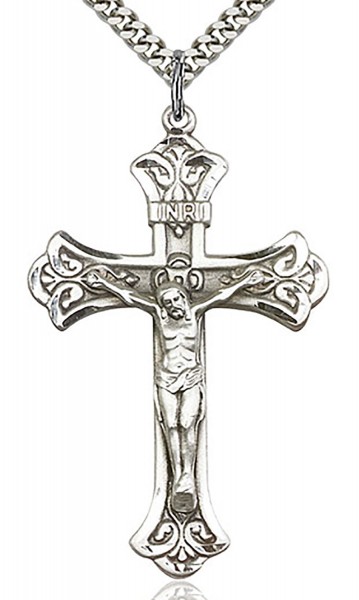 Crucifix Pendant, Sterling Silver - 24&quot; 2.4mm Rhodium Plate Endless Chain