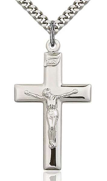 Crucifix Pendant, Sterling Silver - 24&quot; 2.4mm Rhodium Plate Chain + Clasp