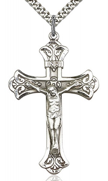 Crucifix Pendant, Sterling Silver - 24&rdquo; 1.7mm Sterling Silver Chain &amp; Clasp