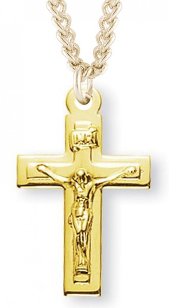 Women's 14kt Gold Over Sterling Silver Square Edge Crucifix Raised Corpus + 18 Inch Gold Plated Chain &amp; Clasp - Gold-tone