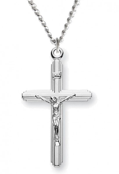 Crucifix with Cross on Cross Necklace, Sterling Silver with Chain - 18&quot; 2.2mm Stainless Steel Chain + Clasp