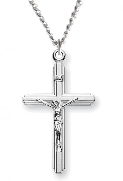 Crucifix with Cross on Cross Necklace, Sterling Silver with Chain - 18&quot; 1.2mm Sterling Silver Chain + Clasp