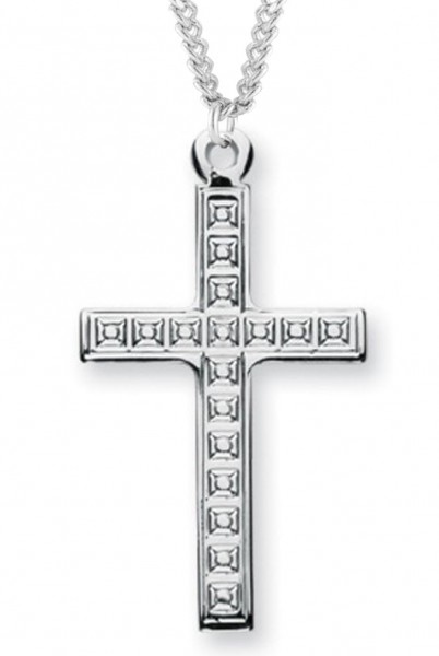 Men's Sterling Silver Cross Necklace with Cubed Etching with Chain Options - 24&quot; 3mm Stainless Steel Endless Chain