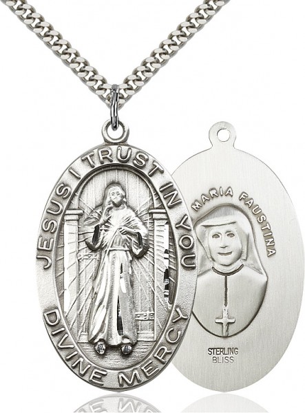 Divine Mercy Medal, Sterling Silver - 24&quot; 2.2mm Sterling Silver Chain + Clasp