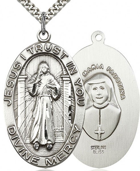 Divine Mercy Medal, Sterling Silver - 24&quot; 2.4mm Rhodium Plate Endless Chain