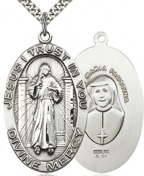 Divine Mercy Medal, Sterling Silver - 24&rdquo; 1.7mm Sterling Silver Chain &amp; Clasp