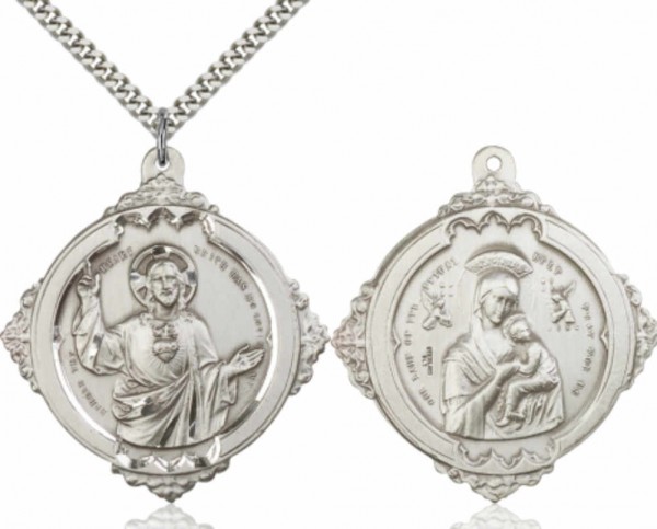 Double-Sided Pewter Sacred Heart of Jesus Necklace - 24&quot; 2.4mm Rhodium Plate Endless Chain