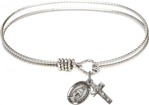 First Communion Silver Cable Bangle Bracelet with a Miraculous Medal and Crucifix Charm - Rhodium Plated