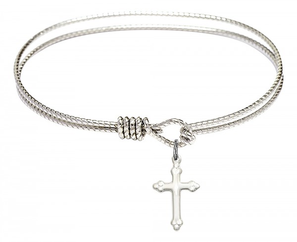 First Communion Silver Cable Bangle Bracelet with a Small Budded Tip Cross Charm - Rhodium Plated