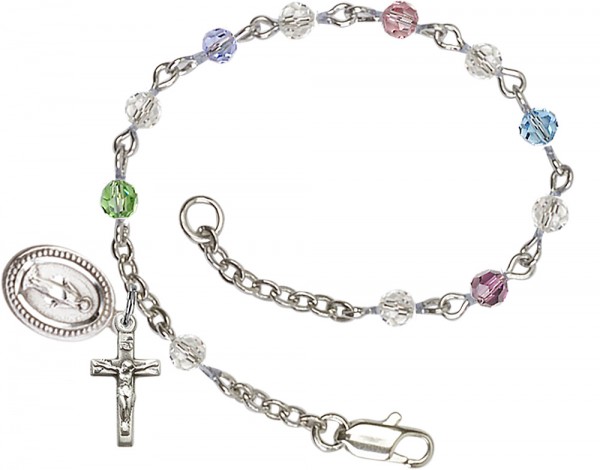 First Communion Silver Plated Charm Bracelet with 4mm Multi-Colored Swarovski Crystals - Rhodium Plated