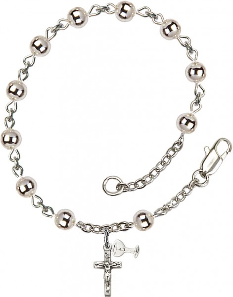 First Communion Silver Plated Charm Bracelet with 5mm Round Silver Beads - Rhodium Plated