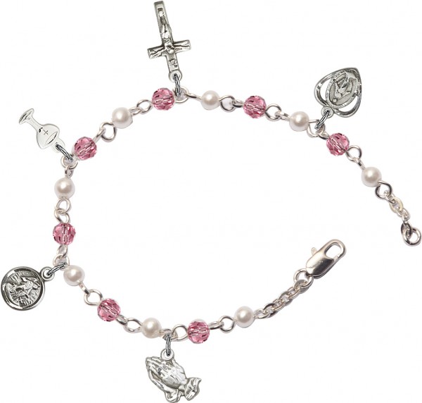 First Communion Silver Plated Charm Bracelet with Pink Swarovski Crystals and Faux Pearl Beads - Rhodium Plated