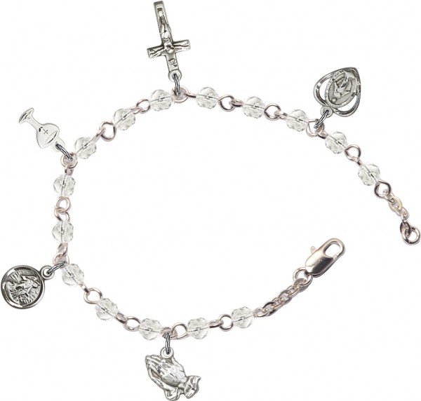 First Communion Silver Plated Charm Bracelet with Swarovski Crystals - Rhodium Plated