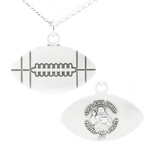 Football Shape Necklace with Jesus Figure Back in Sterling Silver - 24&quot; 3mm Stainless Steel Endless Chain