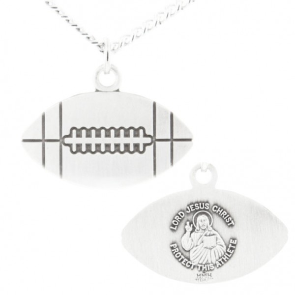 Football Shape Necklace with Jesus Figure Back in Sterling Silver - 24&quot; 2.4mm Rhodium Plate Chain + Clasp