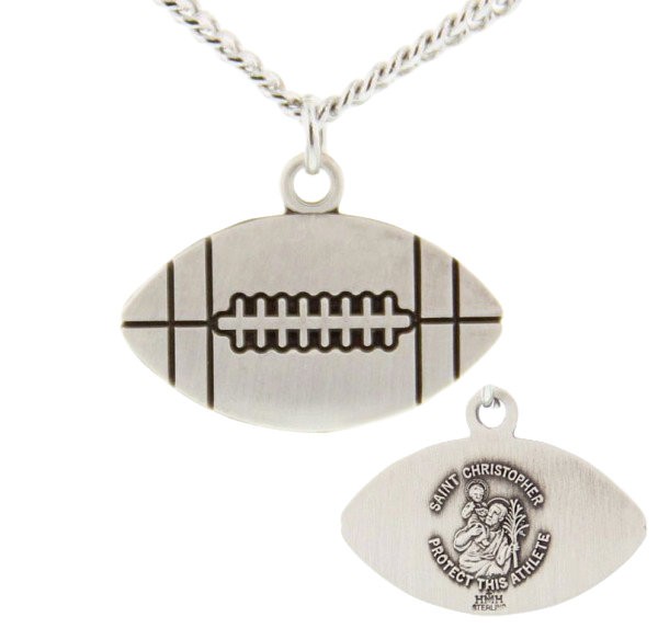 Football Shaped Necklace with Saint Christopher Back in Sterling Silver - 24&quot; 3mm Stainless Steel Endless Chain