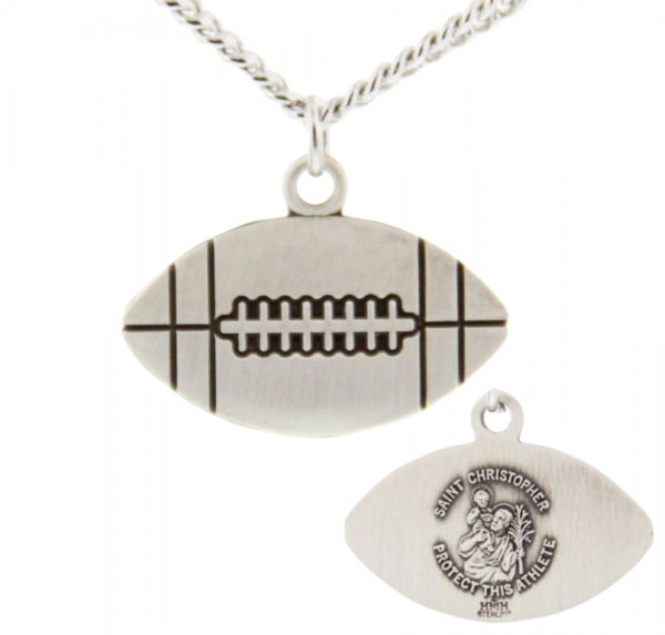 Football Shaped Necklace with Saint Christopher Back in Sterling Silver - 24&quot; 3mm Stainless Steel Chain + Clasp