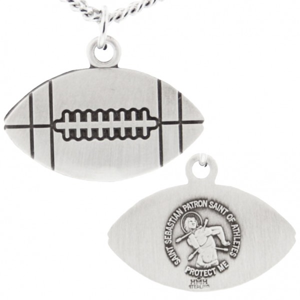 Football Shaped Necklace with Saint Sebastian Back in Sterling Silver - 24&quot; 3mm Stainless Steel Endless Chain