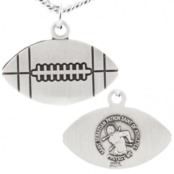 Football Shaped Necklace with Saint Sebastian Back in Sterling Silver - 20&quot; 2.25mm Rhodium Plated Chain with Clasp