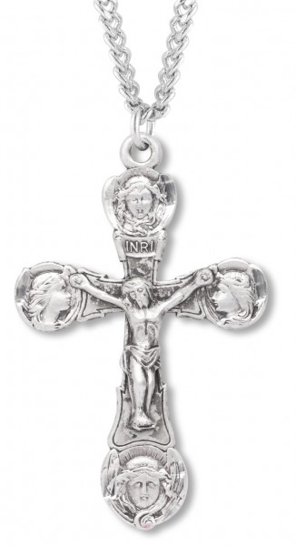 Men's Four Angels Crucifix Necklace, Sterling Silver with Chain Options - 24&quot; 3mm Stainless Steel Endless Chain