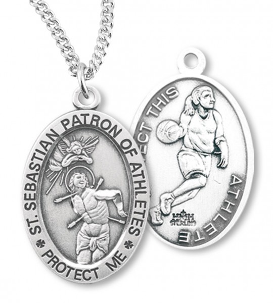 Girl's Oval Double-Sided Basketball Necklace with Saint Sebastian Back in Sterling Silver - 18&quot; 2.1mm Rhodium Plate Chain + Clasp