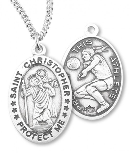 Girl's Oval Double-Sided Basketball Necklace with Saint Sebastian Back in Sterling Silver - 20&quot; 2.2mm Stainless Steel Chain with Clasp