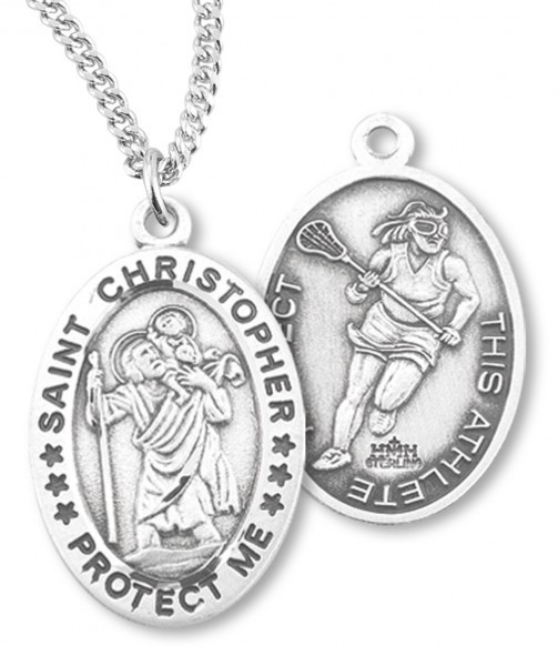 Girl's Oval Double-Sided Lacrosse Necklace with Saint Christopher in Sterling Silver - 20&quot; 2.2mm Stainless Steel Chain with Clasp