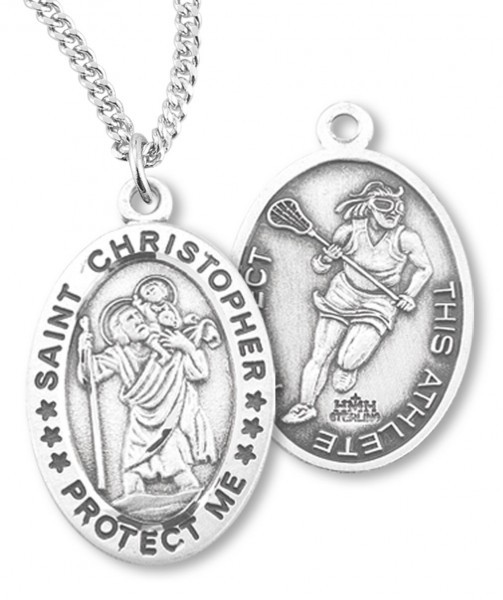 Girl's Oval Double-Sided Lacrosse Necklace with Saint Christopher in Sterling Silver - 20&quot; 1.8mm Sterling Silver Chain + Clasp