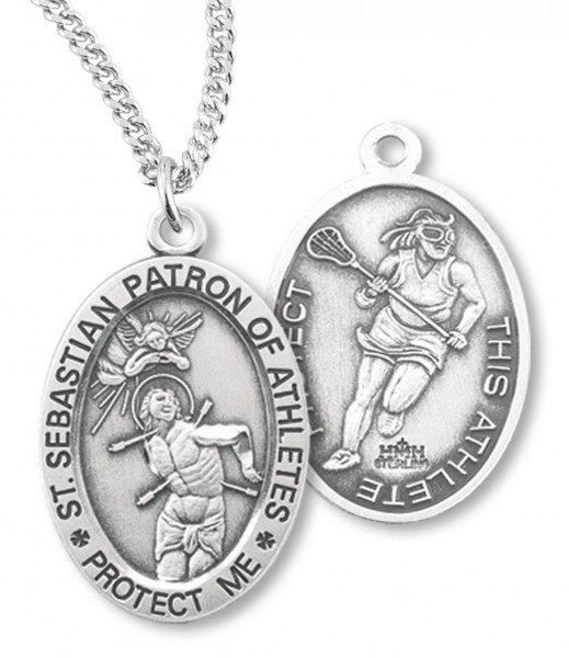 Girl's Oval Double-Sided Lacrosse Necklace with Saint Sebastian Back in Sterling Silver - 18&quot; 1.8mm Sterling Silver Chain + Clasp