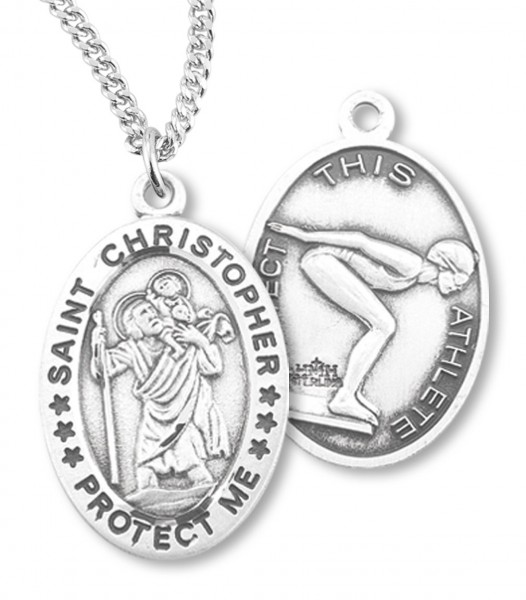 Girl's Oval Double-Sided Swimming Necklace with Saint Christopher in Sterling Silver - 18&quot; 2.2mm Stainless Steel Chain + Clasp