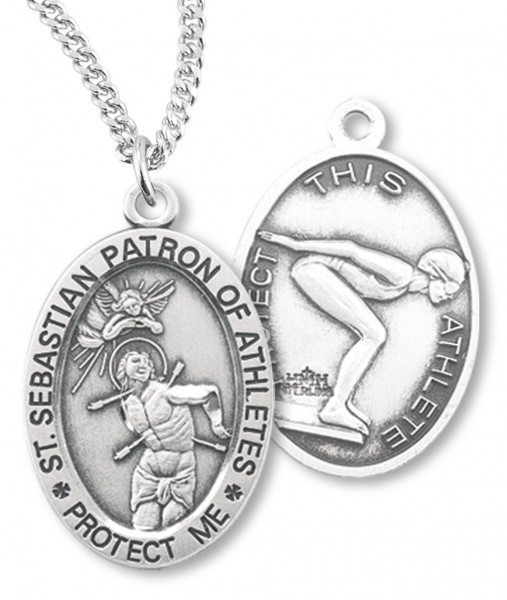 Girl's Oval Double-Sided Swimming Necklace with Saint Sebastian Back in Sterling Silver - 18&quot; 1.8mm Sterling Silver Chain + Clasp