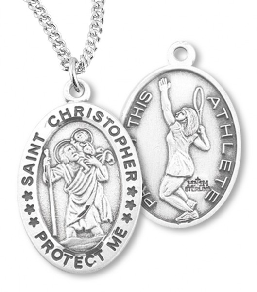 Girl's Oval Double-Sided Tennis Necklace with Saint Christopher Sterling Silver - 18&quot; 2.2mm Stainless Steel Chain + Clasp