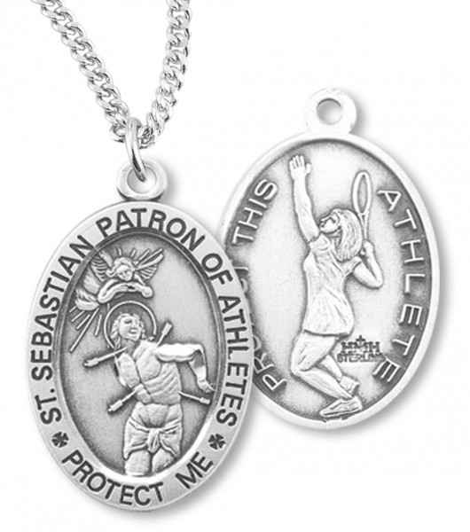 Girl's Oval Double-Sided Tennis Necklace with Saint Sebastian Back in Sterling Silver - 20&quot; 2.2mm Stainless Steel Chain with Clasp