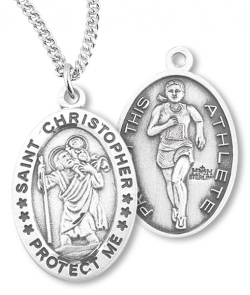 Girl's Oval Double-Sided Track Necklace with Saint Christopher in Sterling Silver - 18&quot; 2.2mm Stainless Steel Chain + Clasp