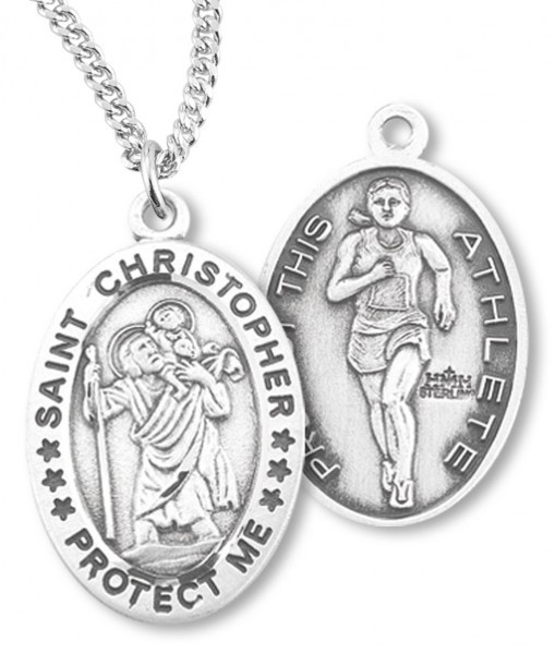 Girl's Oval Double-Sided Track Necklace with Saint Christopher in Sterling Silver - 20&quot; 2.25mm Rhodium Plated Chain with Clasp