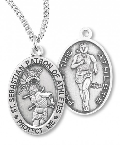 Girl's Oval Double-Sided Track Necklace with Saint Sebastian Back in Sterling Silver - 18&quot; 2.2mm Stainless Steel Chain + Clasp