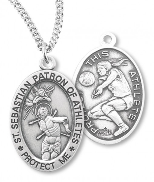 Girl's Oval Double-Sided Volleyball Necklace with Saint Sebastian Back in Sterling Silver - 18&quot; 2.2mm Stainless Steel Chain + Clasp