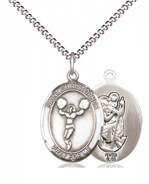 Girl's Pewter Oval St. Christopher Cheerleading Medal - 18&quot; Rhodium Plated Medium Chain + Clasp