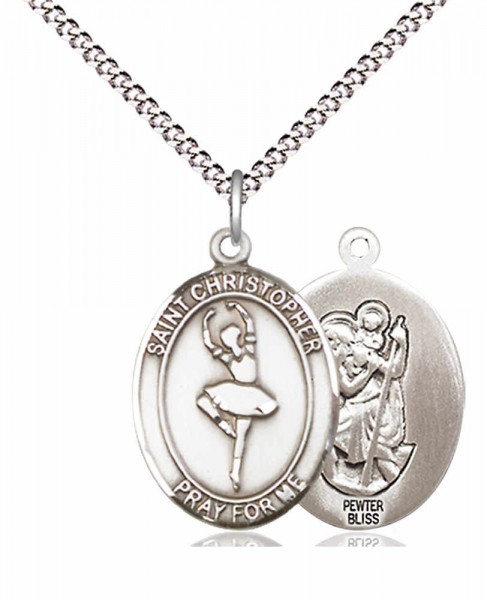 Girl's Pewter Oval St. Christopher Dance Medal - 18&quot; Rhodium Plated Medium Chain + Clasp