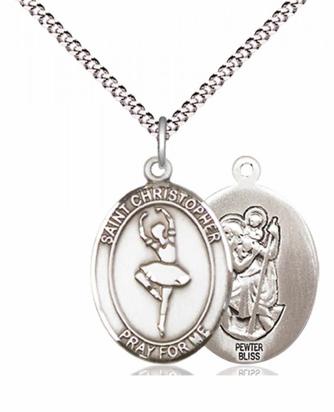 Girl's Pewter Oval St. Christopher Dance Medal - 18&quot; Rhodium Plated Heavy Chain + Clasp