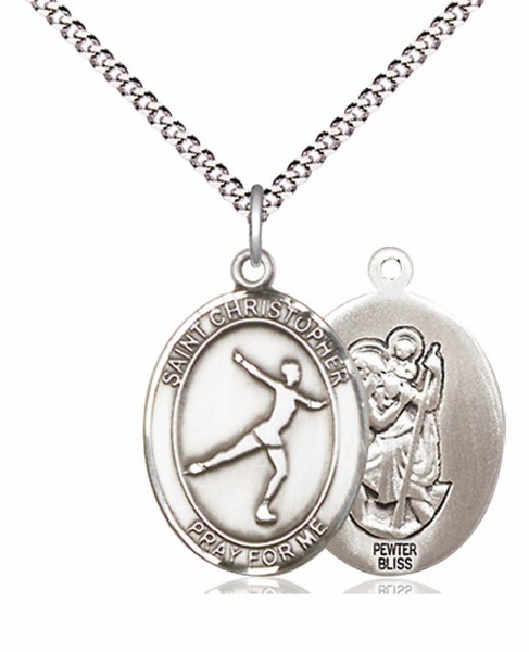 Girl's Pewter Oval St. Christopher Figure Skating Medal - 18&quot; Rhodium Plated Medium Chain + Clasp