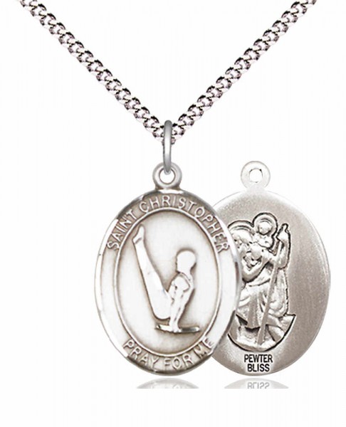 Girl's Pewter Oval St. Christopher Gymnastics Medal - 18&quot; Rhodium Plated Medium Chain + Clasp