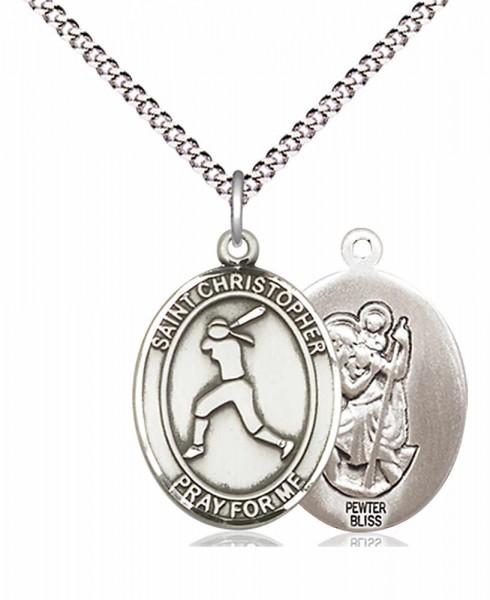Girl's Pewter Oval St. Christopher Softball Medal - 18&quot; Rhodium Plated Medium Chain + Clasp