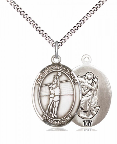 Girl's Pewter Oval St. Christopher Volleyball Medal - 18&quot; Rhodium Plated Medium Chain + Clasp