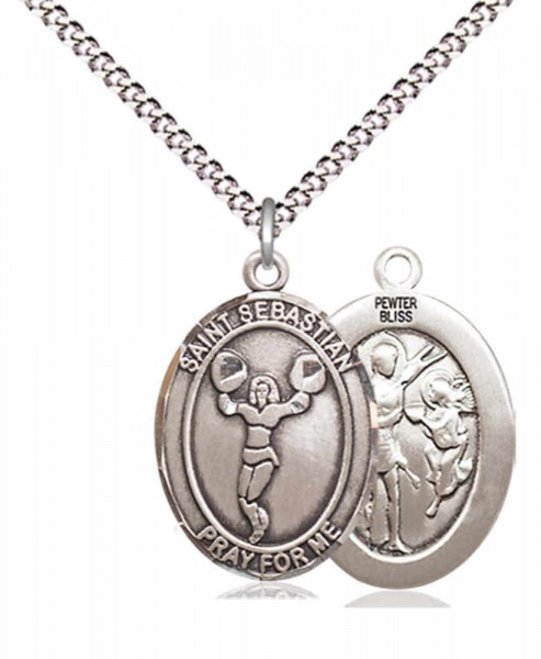 Girl's Pewter Oval St. Sebastian Cheerleading Medal - 18&quot; Rhodium Plated Heavy Chain + Clasp