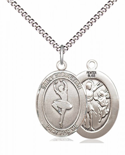 Girl's Pewter Oval St. Sebastian Dance Medal - 18&quot; Rhodium Plated Medium Chain + Clasp