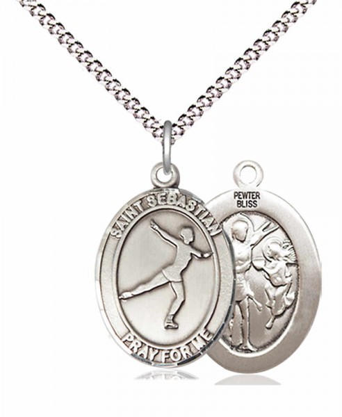 Girl's Pewter Oval St. Sebastian Figure Skating Medal - 18&quot; Rhodium Plated Medium Chain + Clasp