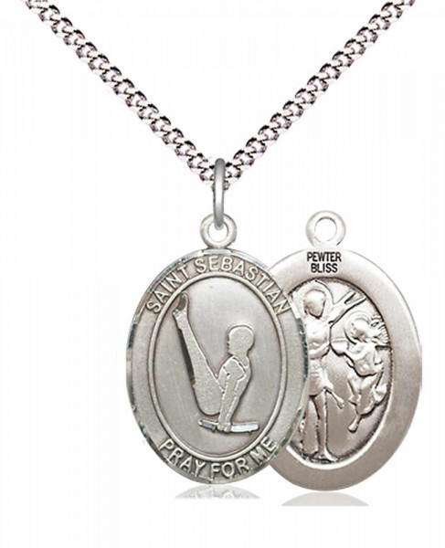 Girl's Pewter Oval St. Sebastian Gymnastics Medal - 18&quot; Rhodium Plated Heavy Chain + Clasp