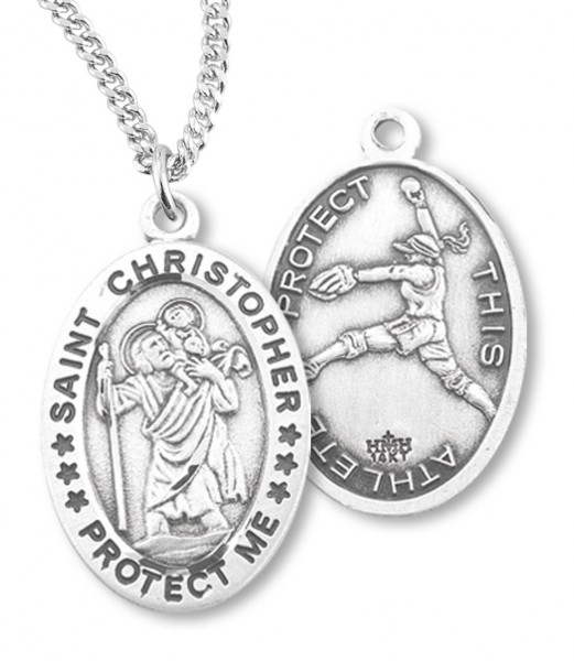 Women's Sterling Silver Saint Christopher Softball Oval Necklace - 18&quot; 2.2mm Stainless Steel Chain + Clasp