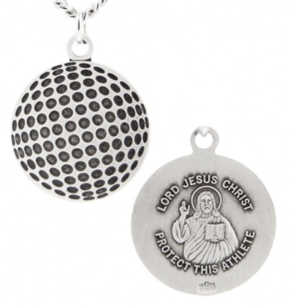 Golf Ball Shape Necklace with Jesus Figure Back in Sterling Silver - 24&quot; 2.4mm Rhodium Plate Chain + Clasp
